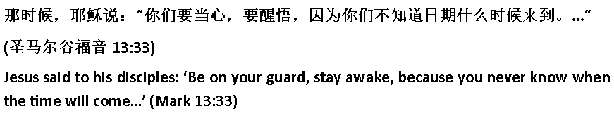 Text Box: 那时候，耶稣说：�你们要当心，要醒悟，因为你们不知道日期什么时候来到。...�(圣马尔谷福音 13:33)Jesus said to his disciples: �Be on your guard, stay awake, because you never know when the time will come�� (Mark 13:33)