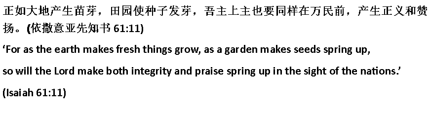 Text Box: 正如大地产生苗芽，田园使种子发芽，吾主上主也要同样在万民前，产生正义和赞扬。(依撒意亚先知书 61:11)�For as the earth makes fresh things grow, as a garden makes seeds spring up,so will the Lord make both integrity and praise spring up in the sight of the nations.�(Isaiah 61:11)